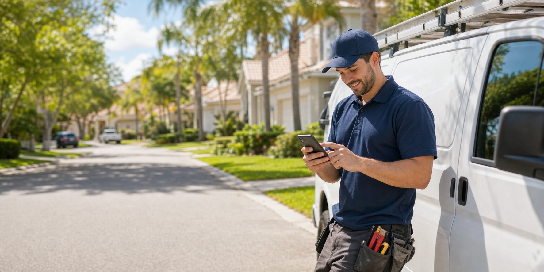 A Tampa Bay home service technician using a smartphone beside a white service van